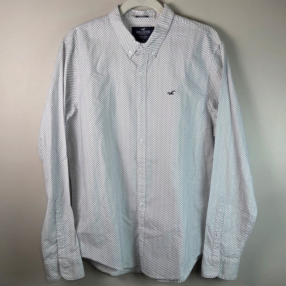 Hollister Button Down Shirt Mens L White Navy Epic Flex Slim Fit Stretch Pattern